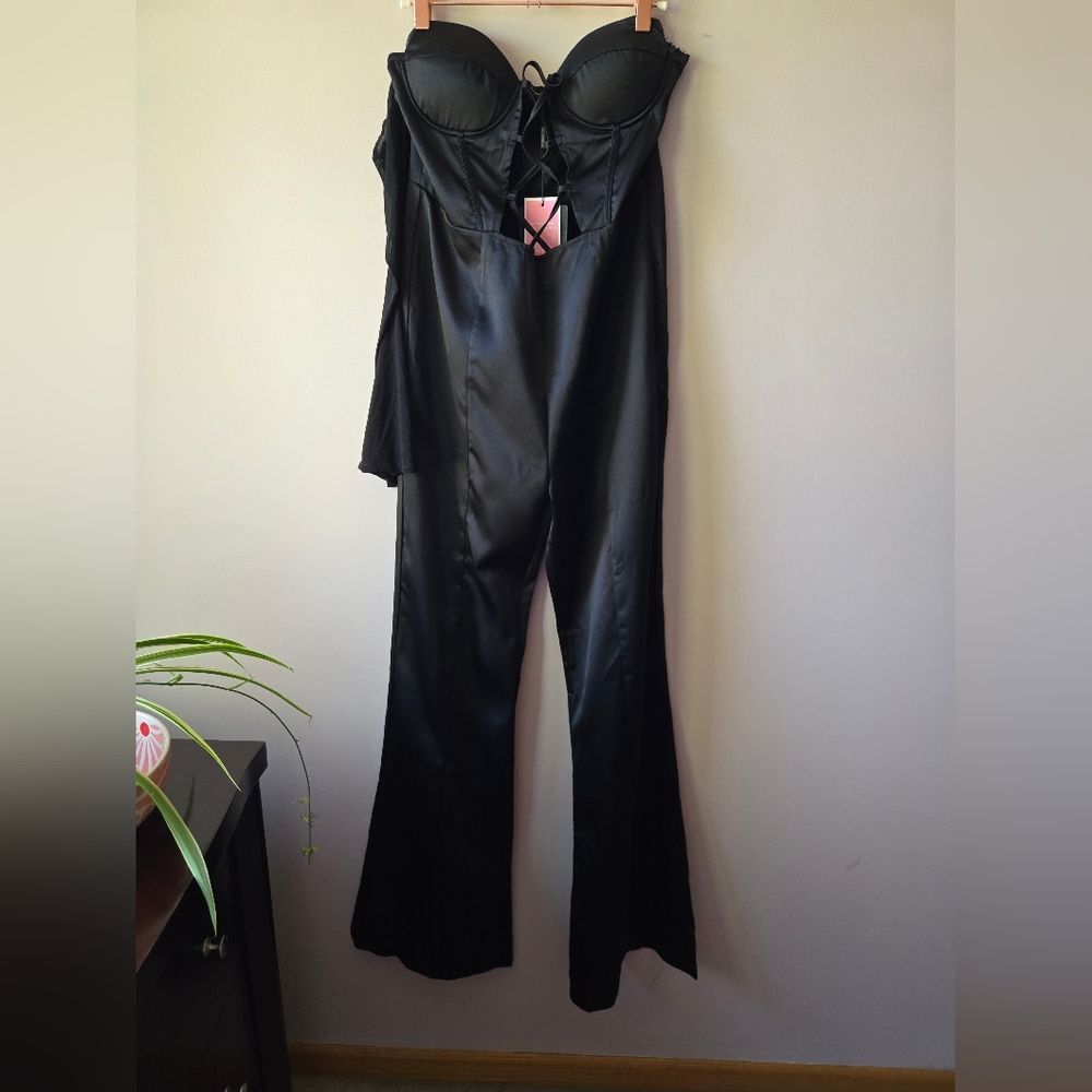 PrettyLittleThing Black Satin Lace Up Mesh Flared Sleeve Jumpsuit - Size 8